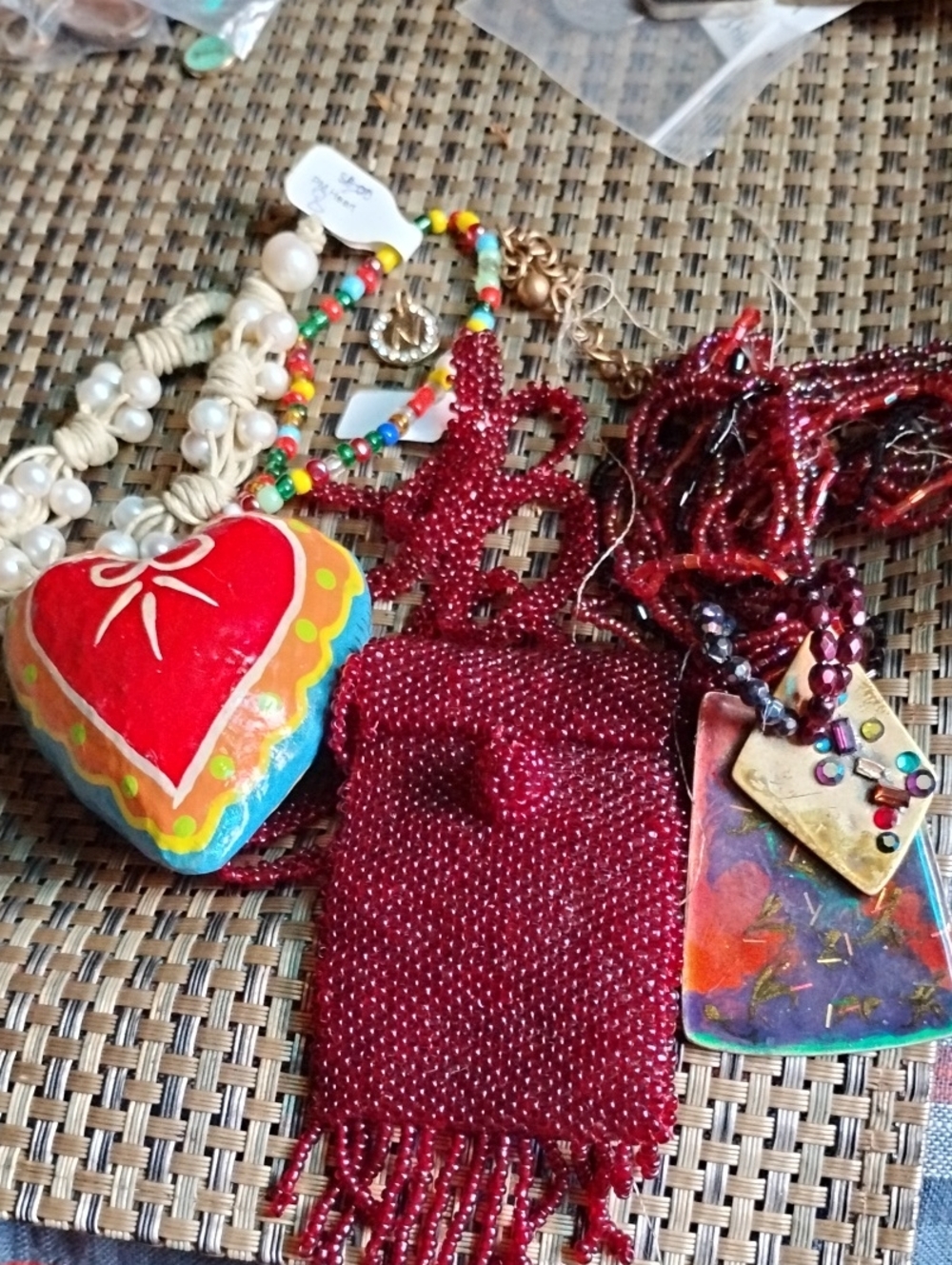 Red Beaded Pouch Necklace with Colorful Charms